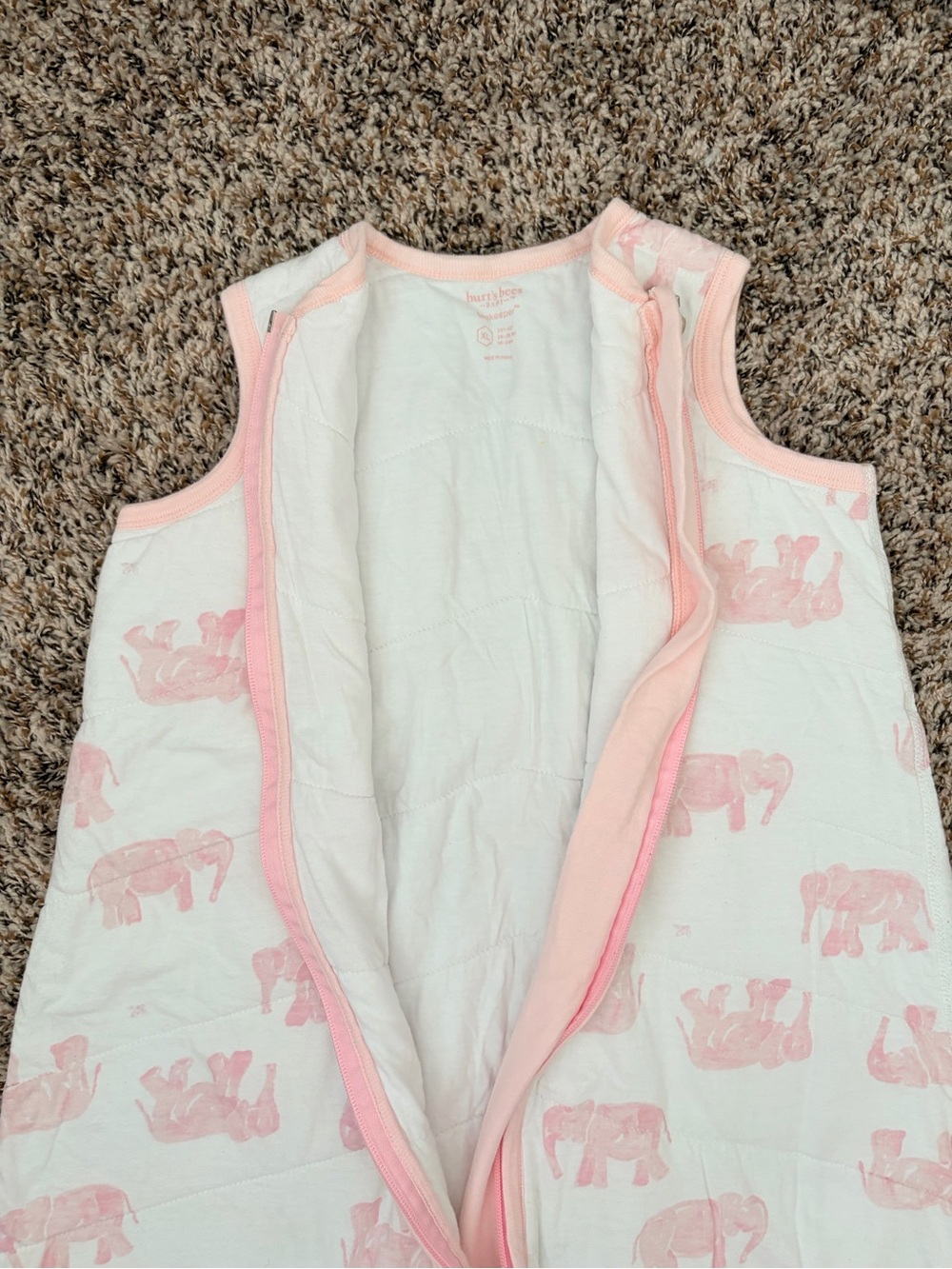 Burt's Bees White Sleep Sack with Pink Elephant Print - Picture 4 of 8